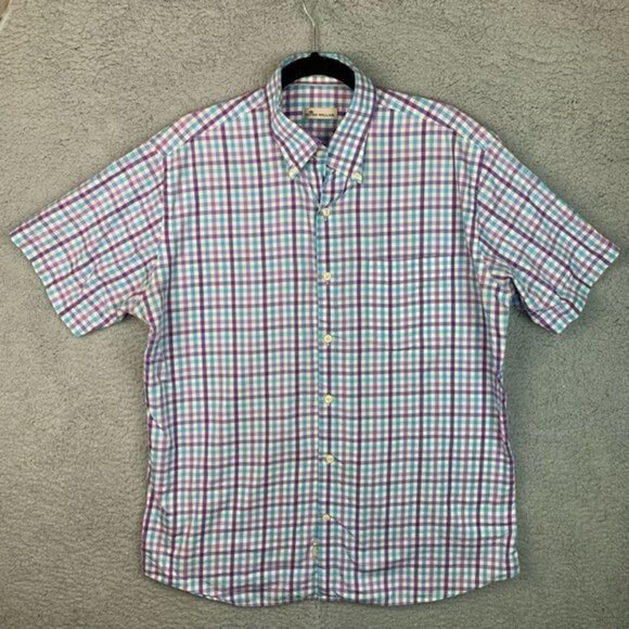 Peter Millar Mens Button Down Shirt Blue White Gingham Short Sleeve Pocket L - Picture 5 of 10